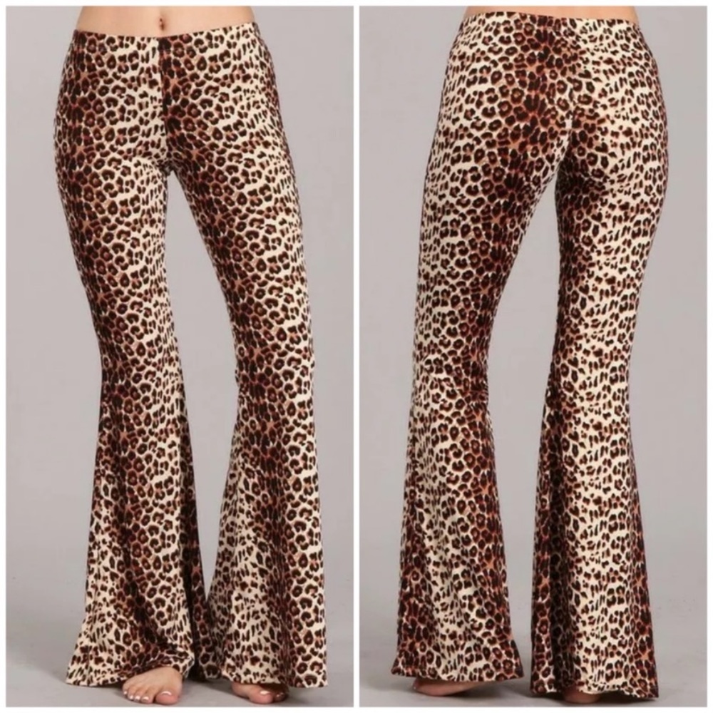 SOLD OUT Leopard Flared Bell Boho Stretch Casual Pants - Picture 1 of 5
